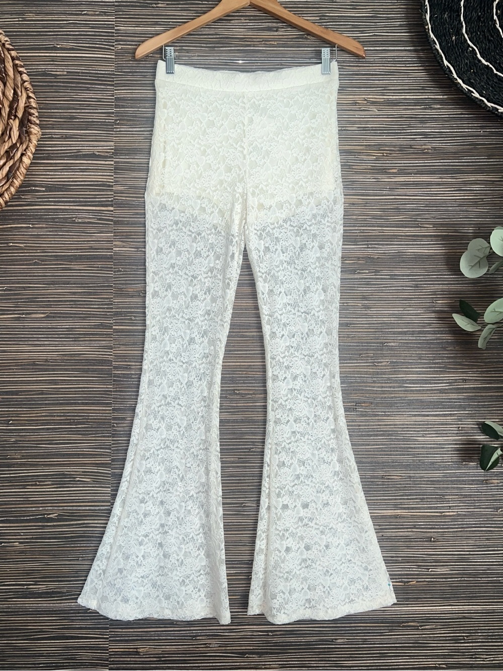 Altar’d State Pants Cream Mesh Floral Lace Bell Bottom Leggings Lounge Cozy
